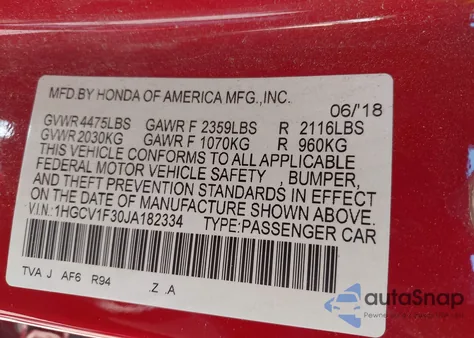 2018 Honda Accord Sport из США, поврежденный, VIN 1HGCV1F30JA182334